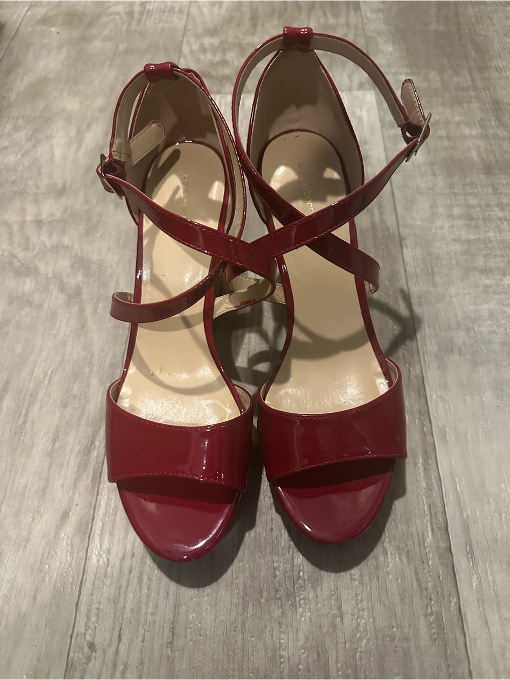 Liz Claiborne Red Patent Strappy Cork Wedge Sandals Size 11